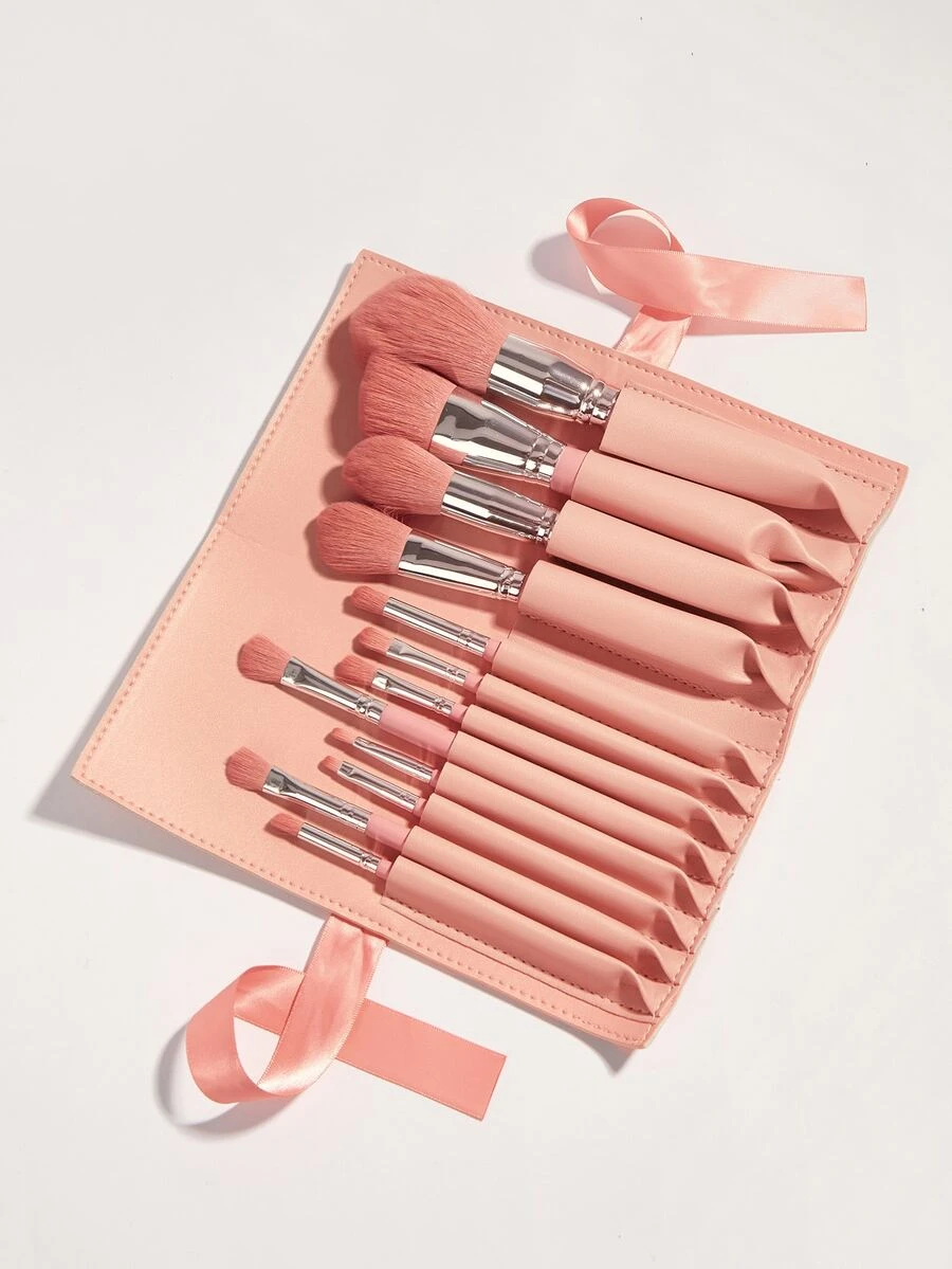 12pcs Soft Makeup Brush With Rolling Pouch,Brush Set,Makeup Brush Kit,Make Up Brush Set,Make Up Set Complete,Makeup Brush Set,Complete Makeup Kit,Brush Kit,Brushes Makeup Set,Makeup Gift Set,Set - Pink - View 1