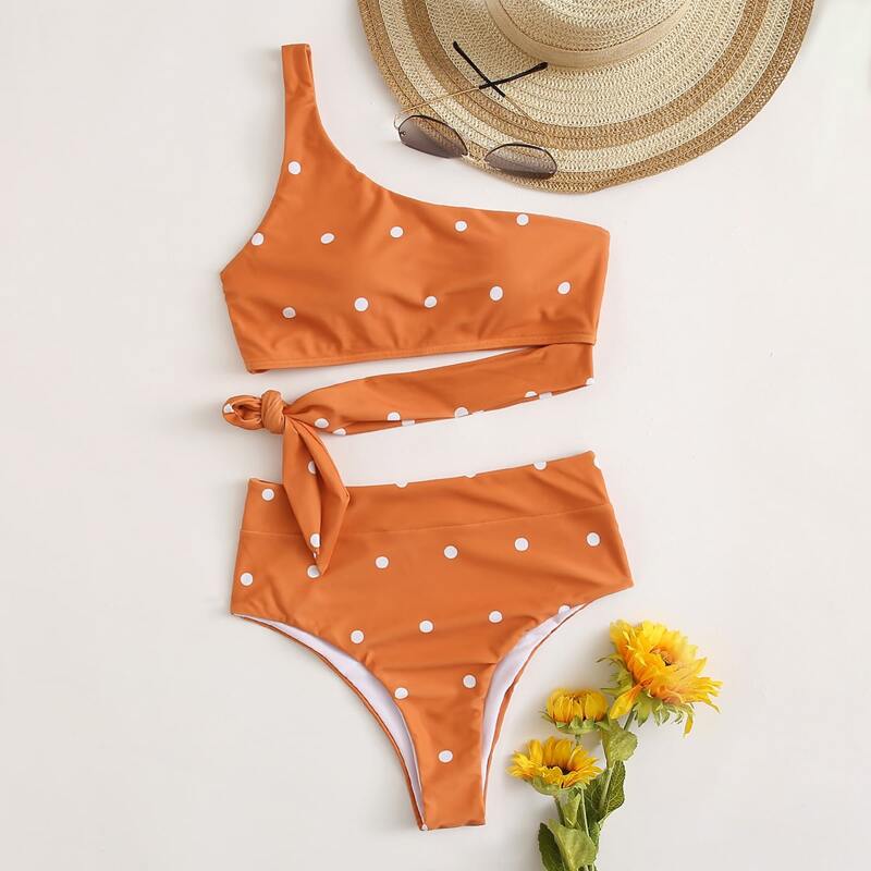 

Polka Dot Knot Side One Shoulder Bikini Swimsuit, Burnt orange