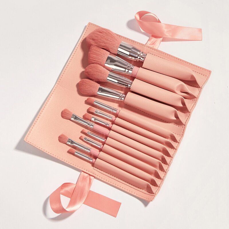 

12pcs Soft Makeup Brush With Rolling Pouch, Pink