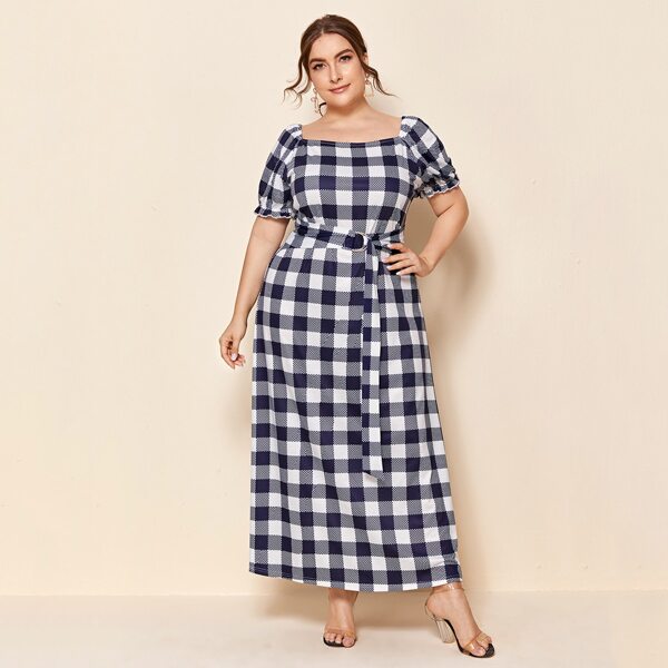 

Plus Square Neck Gingham Self Tie Dress, Multicolor