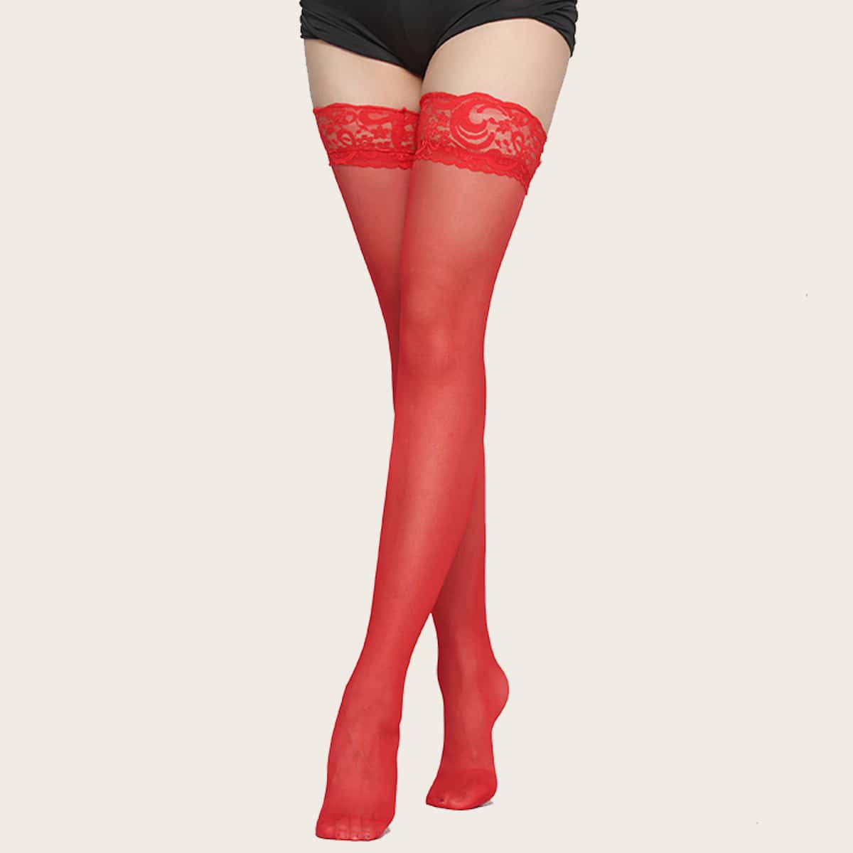 

Lace Trim Thigh Length Stockings, Red