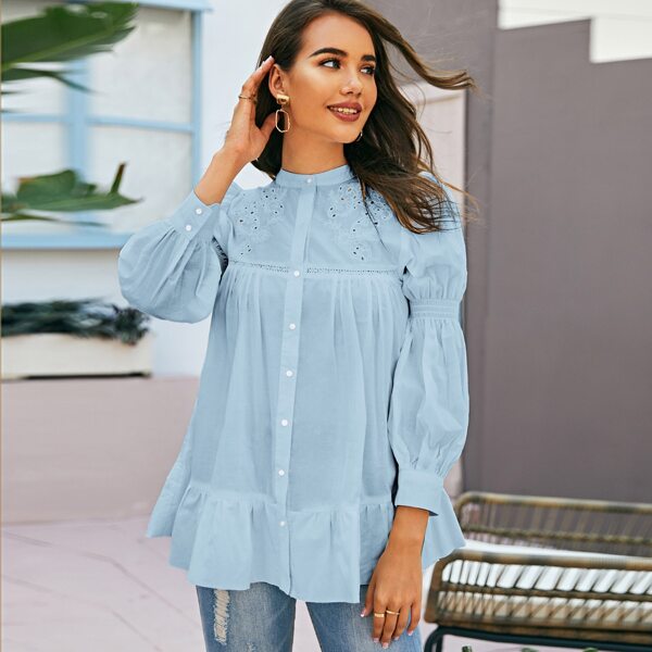 

Hollow Out Button Up Blouse, Baby blue