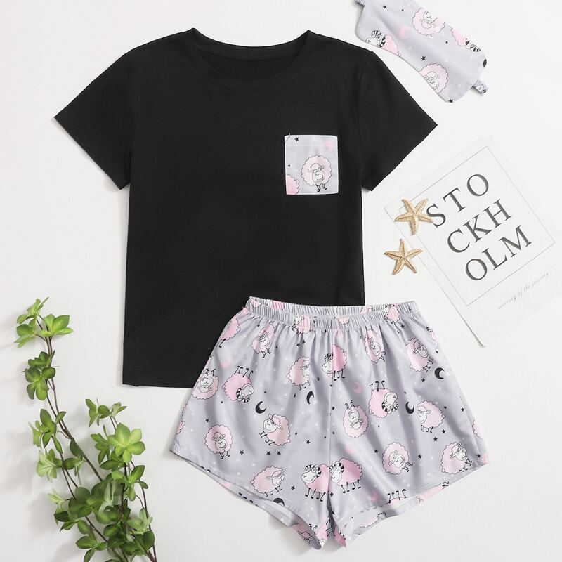 

Sheep Print Pocket Front PJ Set & Eye Mask, Multicolor