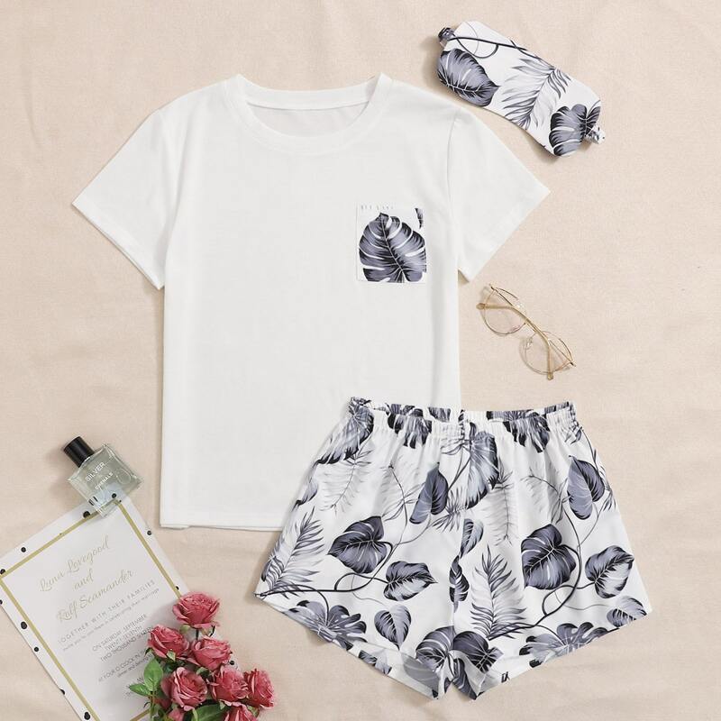 

Tropical Print Pocket Front PJ Set & Eye Mask, White