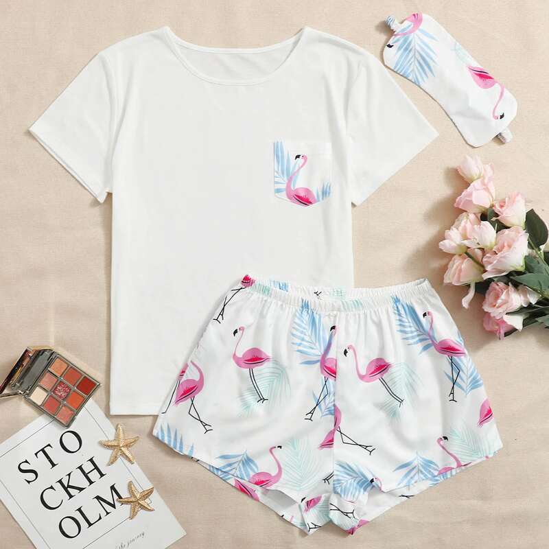 

Flamingo & Tropical Print PJ Set & Eye Mask, White