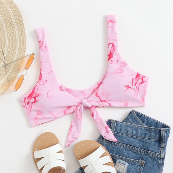 

Graphic Print Knot Front Bikini Top, Pink
