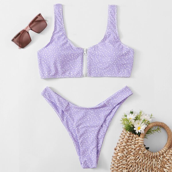 

Polka Dot Zip-up Bikini Swimsuit, Pastel lilac purple