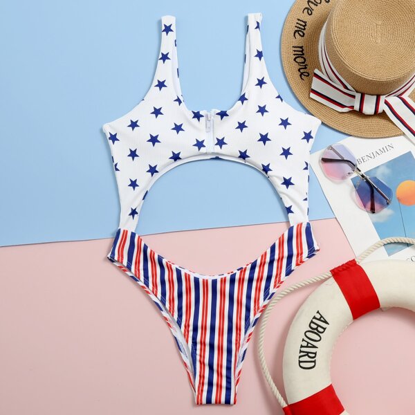 

Star & Stripe Print Cut-out One Piece Swimsuit, Multicolor