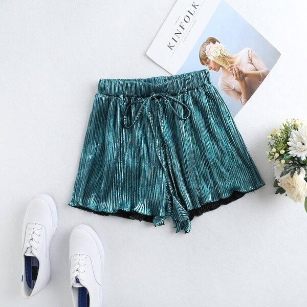 

Metallic Tie Front Plicated Shorts, Teal blue