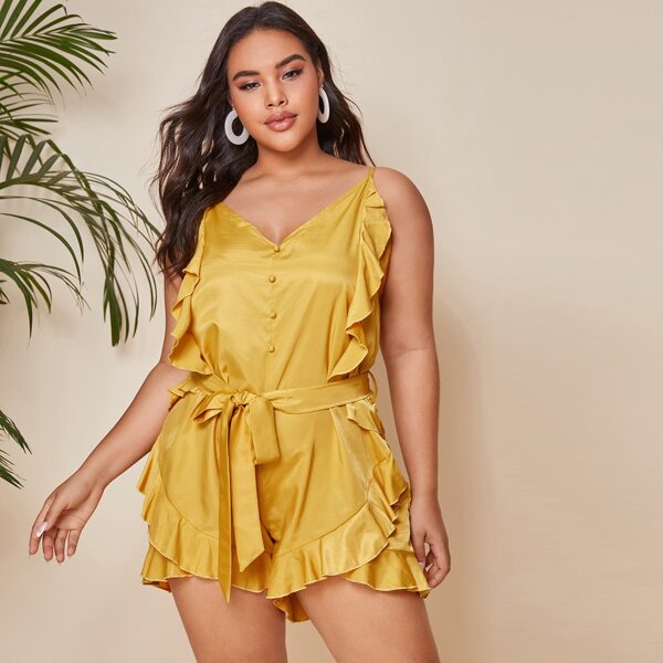 

Plus Ruffle Trim Self Tie Cami Romper, Yellow