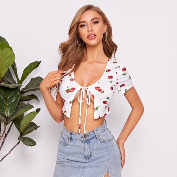 

Cherry Print Tie Front Crop Top, White