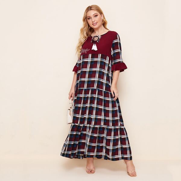 

Plus Tassel Tie Neck Flounce Sleeve Tartan Smock Dress, Multicolor