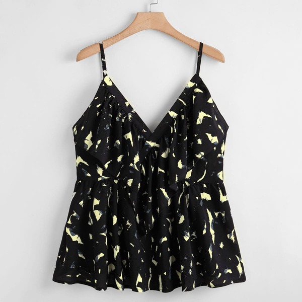 

Plus Allover Print Ruffle Hem Cami Top, Black