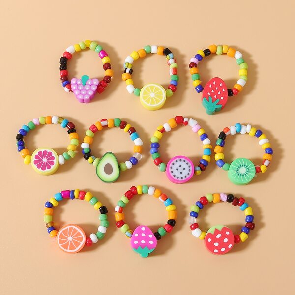 

10pcs Girls Fruit Decor Ring, Multicolor