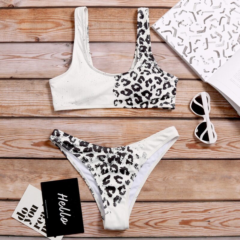 

Leopard Rib Bikini Swimsuit, Black and white
