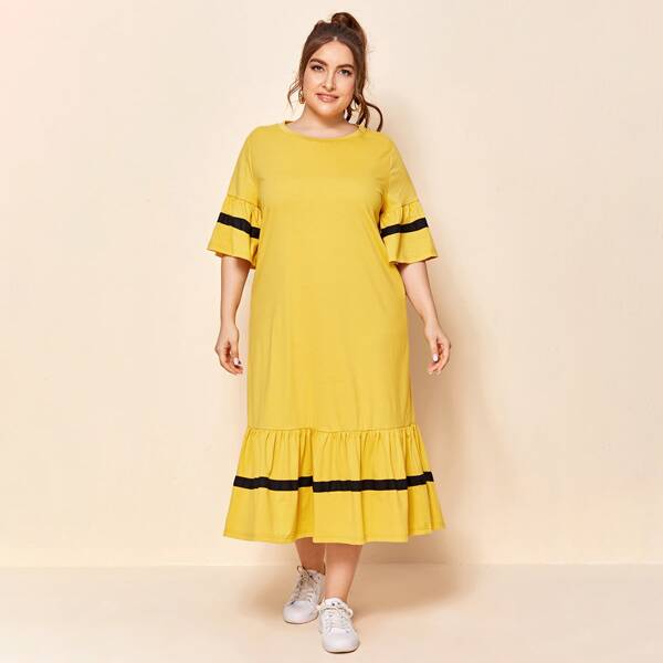 

Plus Flounce Sleeve Ruffle Hem Smock Dress, Yellow