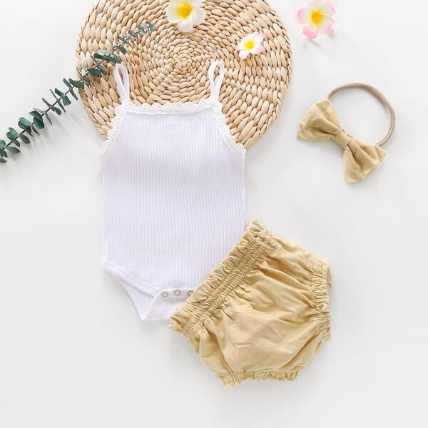 

Baby Girl Lace Trim Rib-knit Cami Bodysuit & Shorts, White