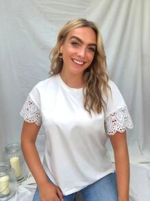 SHEIN Clasi 大碼落肩緹花蕾絲素色上衣 - 白色 - 查看 3