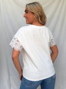 SHEIN Clasi 大碼落肩緹花蕾絲素色上衣 - 白色 - 查看 2