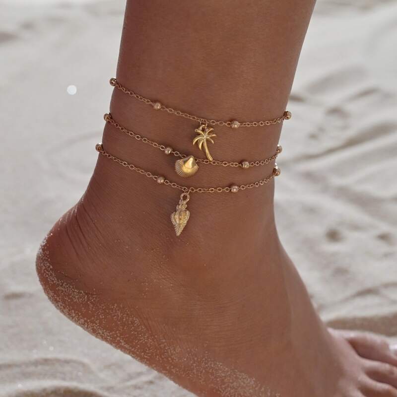 

3pcs Shell Charm Anklet, Gold