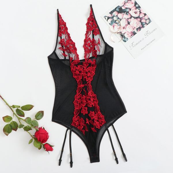 

Сетчатое боди с цветочной вышивкой и подвязками, Многоцветный