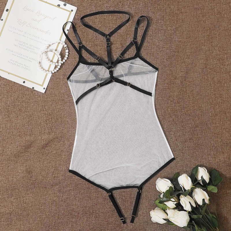 

Mesh Crotchless Harness Teddy Bodysuit With Choker, Black and white