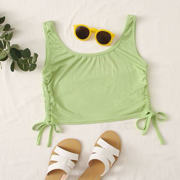 

Solid Drawstring Side Crop Tank Top, Lime green