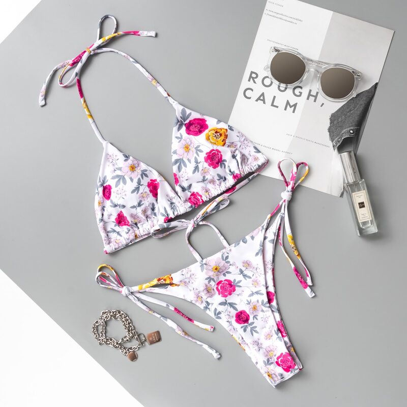 

Floral Triangle Tie Side Bikini Swimsuit, Multicolor