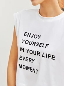 SHEIN EZwear Enjoy Yourself Graphic Cropped Tee ENJOY YOURSELF IN YOUR LIFE EVERY MOMENT - White - View 4