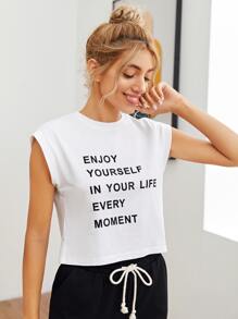 SHEIN EZwear Enjoy Yourself Graphic Cropped Tee ENJOY YOURSELF IN YOUR LIFE EVERY MOMENT - White - View 5