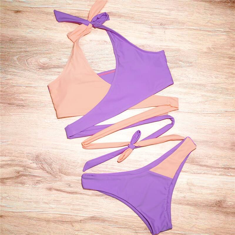 

Color Block Wrap Halter Bikini Swimsuit, Multicolor
