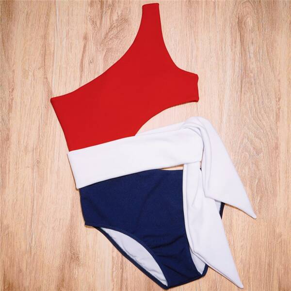 

Colorblock Rib One Shoulder One Piece Swimsuit, Multicolor