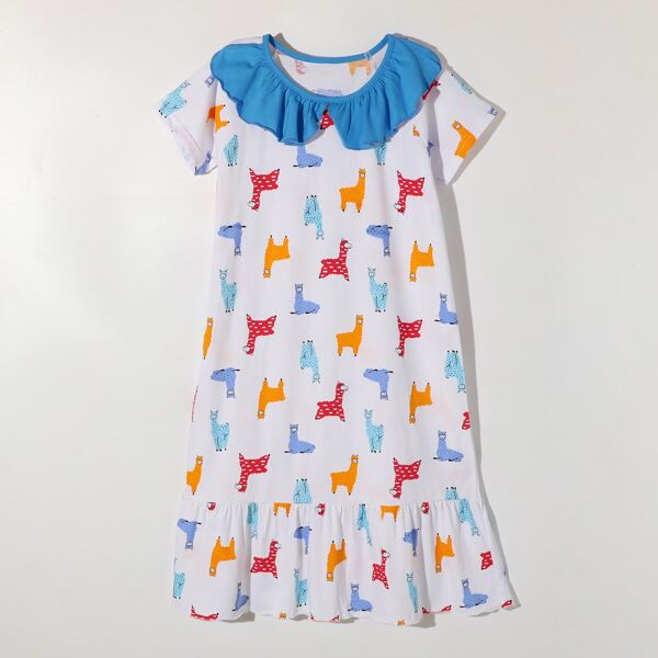 

Girls Contrast Collar Cartoon Graphic Ruffle Hem Nightdress, White