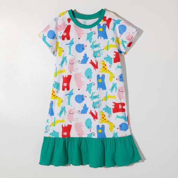 

Toddler Girls Cartoon Graphic Raglan Sleeve Ruffle Hem Nightdress, Multicolor