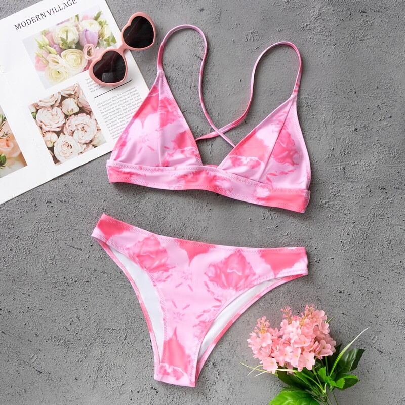 

Tie Dye Triangle Bikini Swimsuit, Pastel baby pink