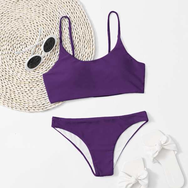 

Solid Adjustable Strap Bikini Swimsuit, Purple