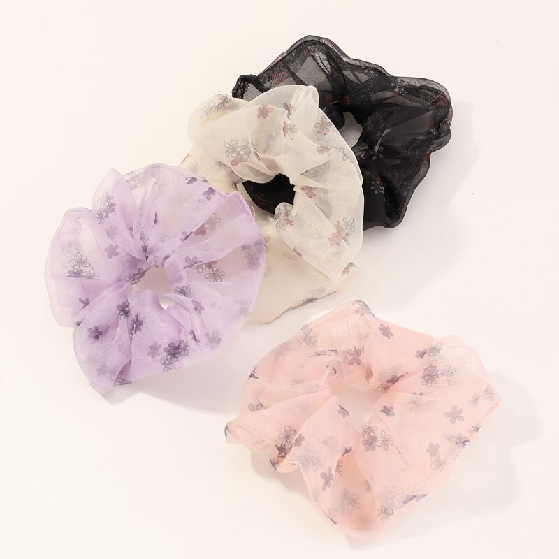 

4pcs Flower Pattern Mesh Scrunchie, Multicolor