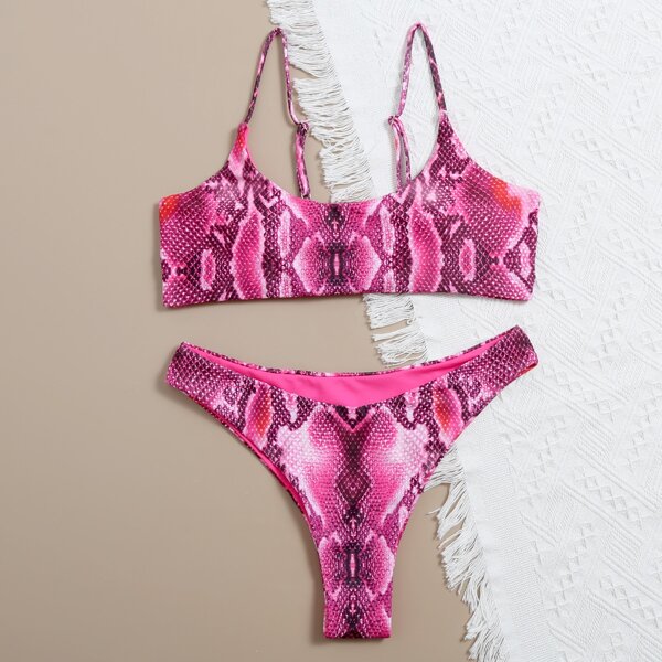 

Snakeskin Print High Cut Bikini Swimsuit, Hot pink bright