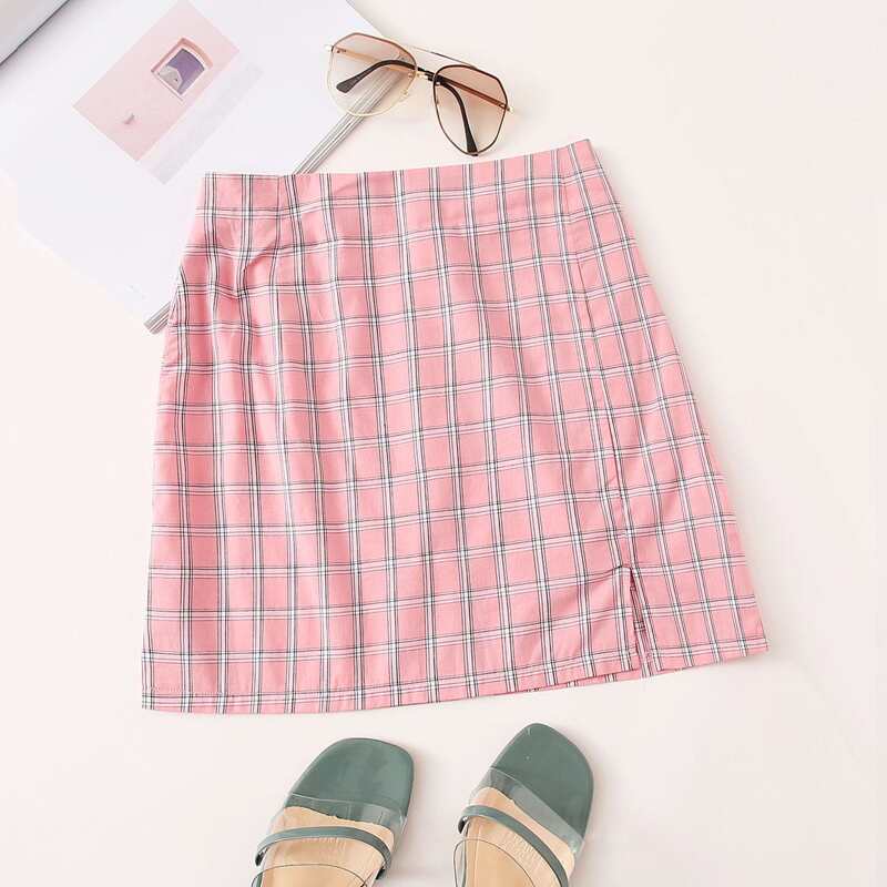 

Plaid Split Hem Skirt, Baby pink