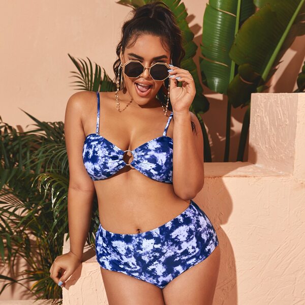 

Plus Bleach Dye Ring Linked Bikini Swimsuit, Blue