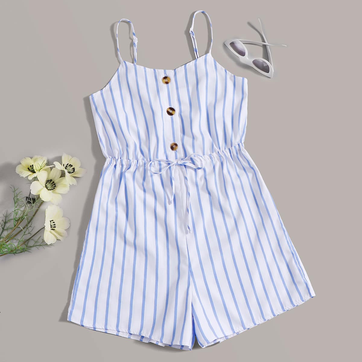

Striped Button Front Cami Romper, Blue and white