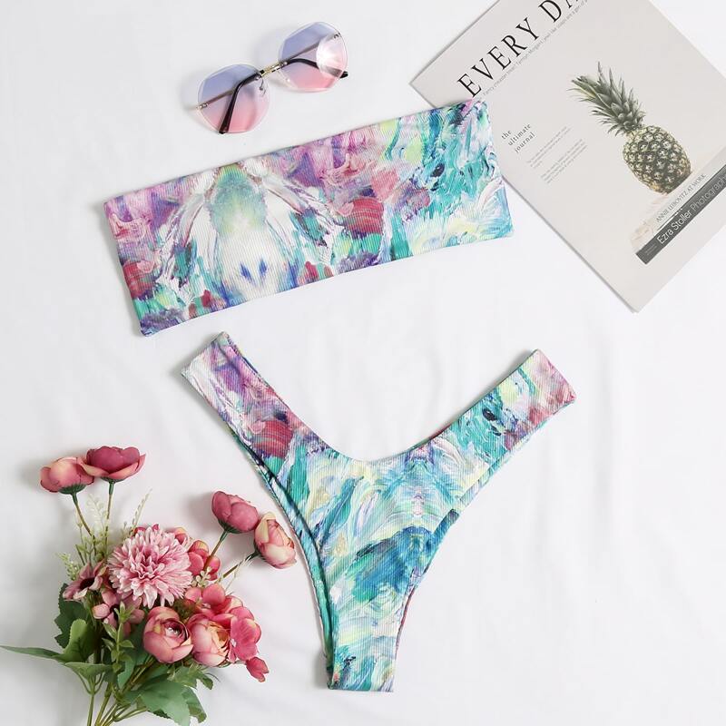 

Graphic Print Bandeau High Cut Bikini Swimsuit, Multicolor