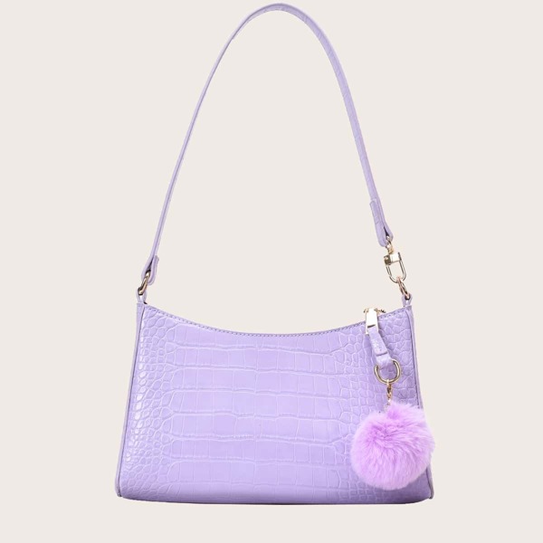 

Pom Pom Decor Croc Embossed Baguette Bag, Purple