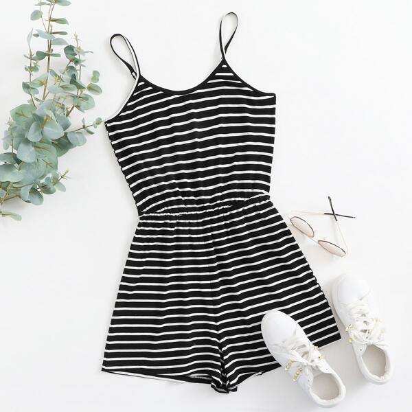 

Elastic Waist Striped Slip Romper, Black