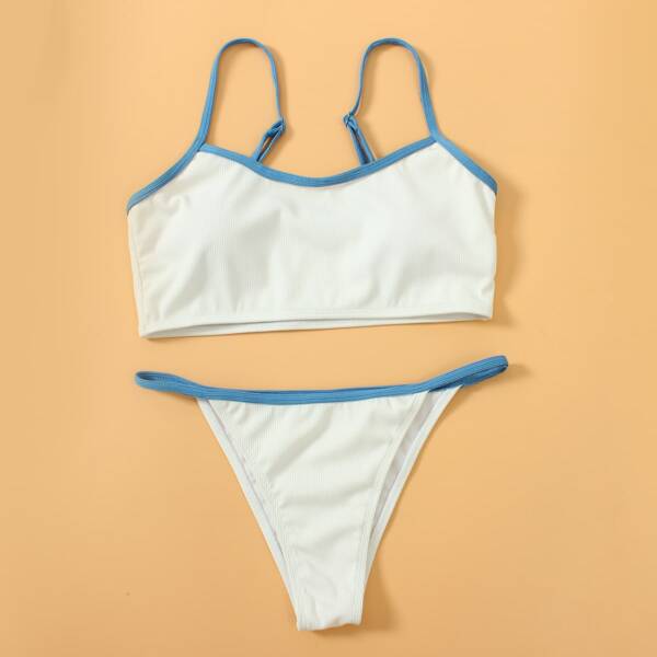 

Rib Contrast Binding Thong Bikini Swimsuit, White