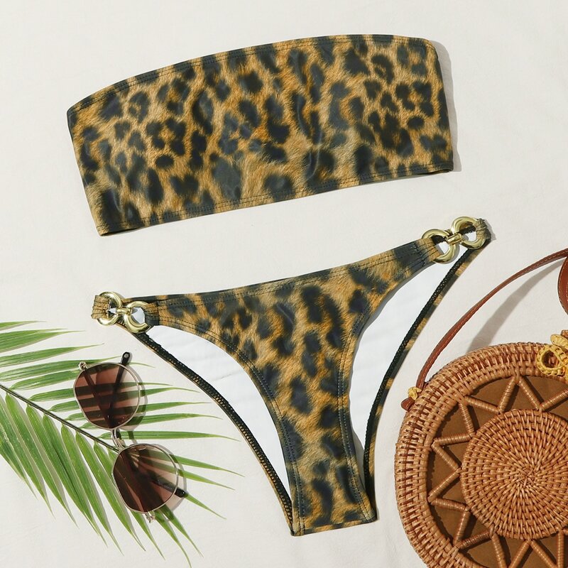 

Leopard Ring Linked Bandeau Bikini Swimsuit, Multicolor