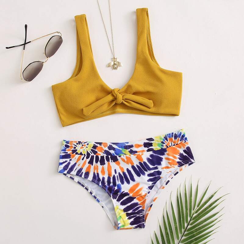 

Tie Dye Knot Front Bikini Swimsuit, Multicolor