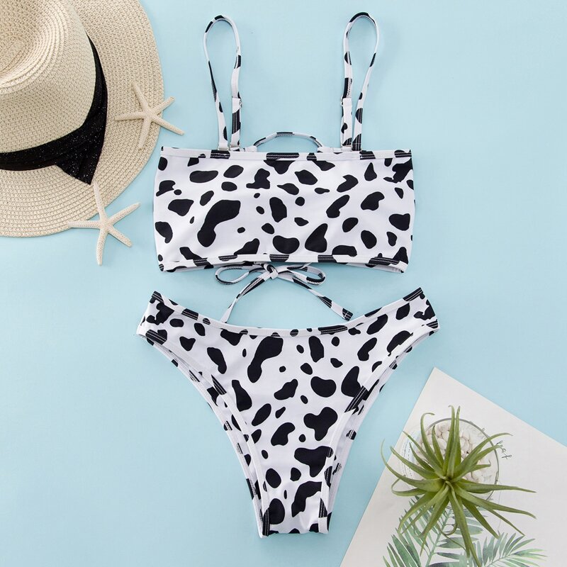 

Cow Print Tie Back Bikini Swimsuit, Black and white