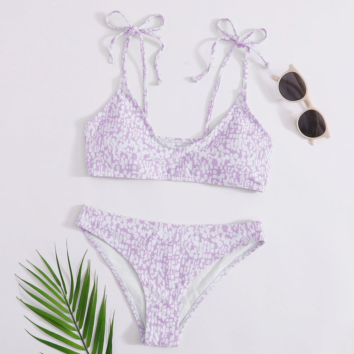 

Allover Print Self Tie Bikini Swimsuit, Pastel lilac purple