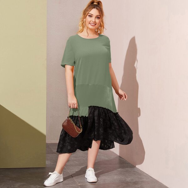 

Plus Contrast Jacquard Ruffle Hem Dress, Army green